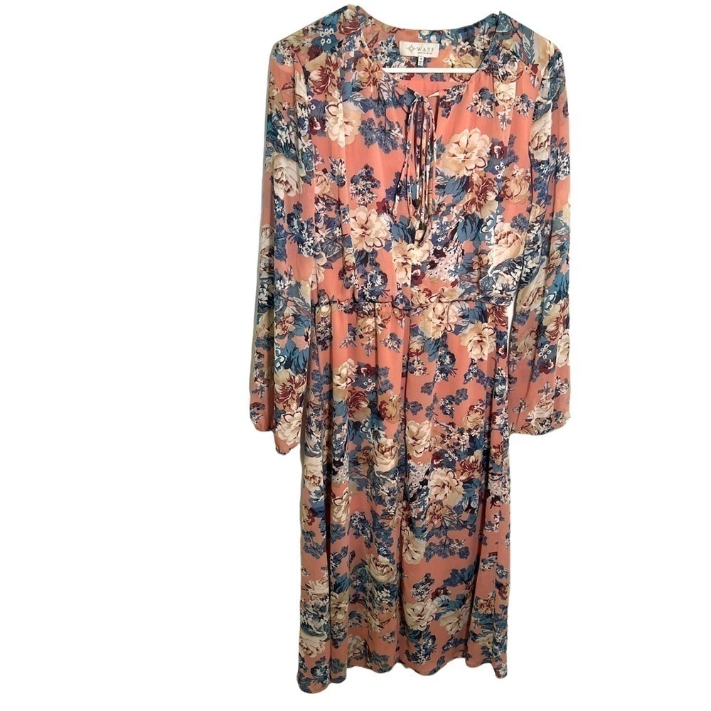Wayf Women's Size Small Midi Dress Light Pink Teal Beige Floral Long Sleeve - Picture 2 of 14
